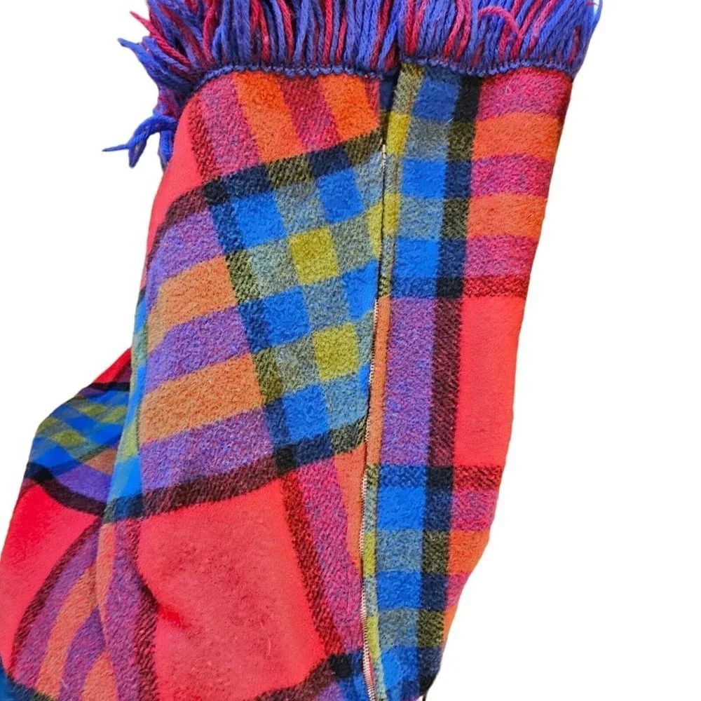70s Pioneerwear Womens XS Wool Plaid Skirt Fringe Assymetrical Red‎ Blue Boho